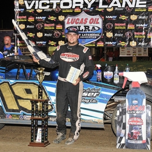 ryan in victory lane after his career-first Lucas Oil MLRA Late Model win at the I-80 Speedway in Greenwood, Neb., on Friday, June 28. (Lloyd Collins Photo)